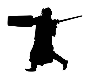 Şövalye zırh, kılıç, kask ve kalkan vektör siluet illüstrasyon beyaz arka plan üzerinde izole ile. Savaşta ortaçağ dövüşçüsü. Kahraman kale duvarları tutar.