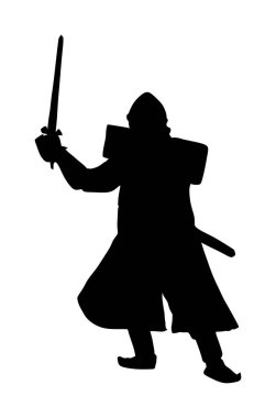 Şövalye zırh, kılıç, kask ve kalkan vektör siluet illüstrasyon beyaz arka plan üzerinde izole ile. Savaşta ortaçağ dövüşçüsü. Kahraman kale duvarları tutar.