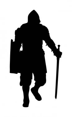 Şövalye zırh, kılıç, kask ve kalkan vektör siluet illüstrasyon beyaz arka plan üzerinde izole ile. Savaşta ortaçağ dövüşçüsü. Kahraman kale duvarları tutar.