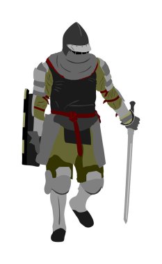 Şövalye zırh, kılıç, kask ve kalkan vektör illüstrasyon beyaz arka plan üzerinde izole ile. Savaşta ortaçağ kahramanı. Chevalier eylem kale duvarları tutar.