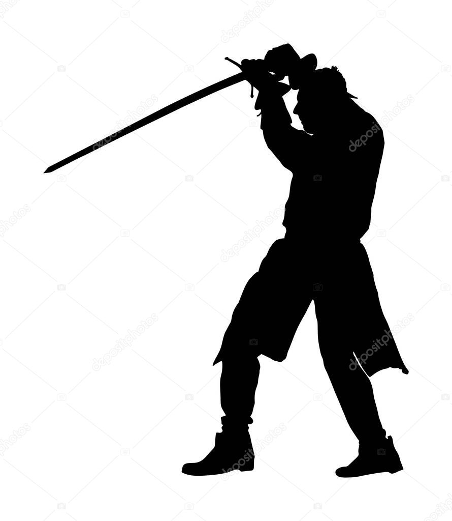 Knight in armor, with sword vector silhouette illustration isolated on white background. Medieval fighter in battle. Hero keeps castle walls.