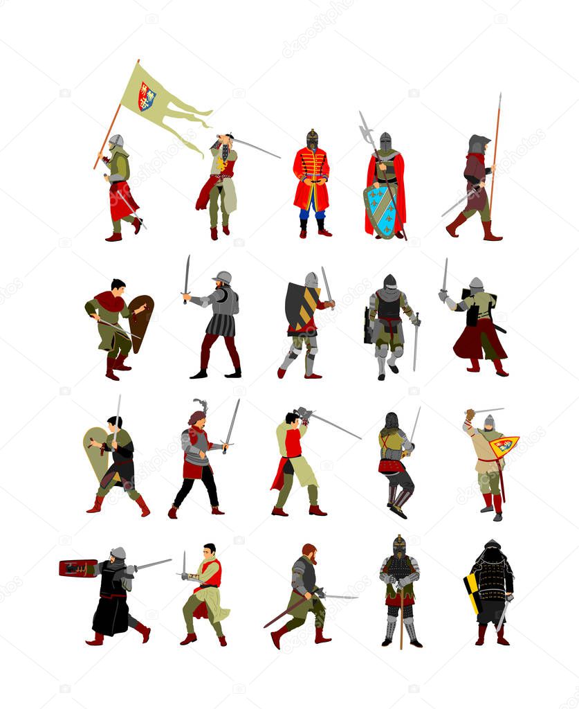 Big group of knight in armor, with sword, helmet and shield vector illustration isolated on white background. Medieval fighter in battle. Hero keeps castle walls. Scary hang man before execution. 