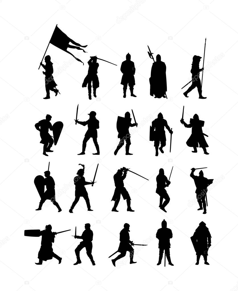 Big group of knights in armor, with sword, helmet and shield vector silhouette isolated on white background. Medieval fighter in battle. Hero keeps castle walls. Scary hang man before execution. 