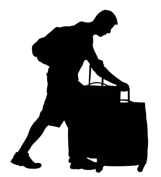 疲れた観光客の旅行者は 彼のローリングスーツケースベクトルシルエットを背景に隔離を運ぶ バッグをたくさん持った少年空港への旅行のためにタクシーを待っている男性の乗客 ホテルのドアマン少年助け — ストックベクタ