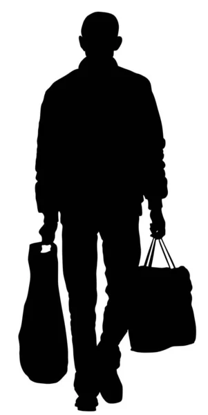 Homme Seul Faisant Des Courses Quotidiennes Avec Panier Supermarché Silhouette — Image vectorielle