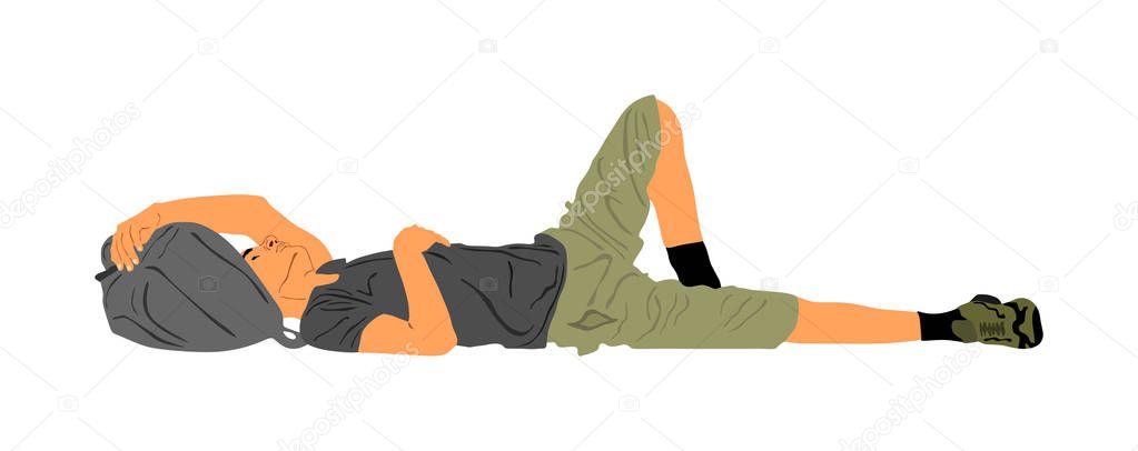 Homeless man sleeping on the street on the ground, vector illustration. Migrant from Middle East resting on the ground. Border situation, illegal emigration and social crises. Boy laying down with bag — Stock Illustration Homeless Man Sleeping Street Ground Vector Illustration Migrant Middle East Royalty Free Stock Illustrations