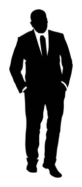 Kendine güvenen bir lider ayakta. İşadamı vektör siluet illüstrasyon çalışmaya gidin. Elleri cepte olan süitteki yakışıklı adam. Ayakta sıradan poz. Rahat adam.