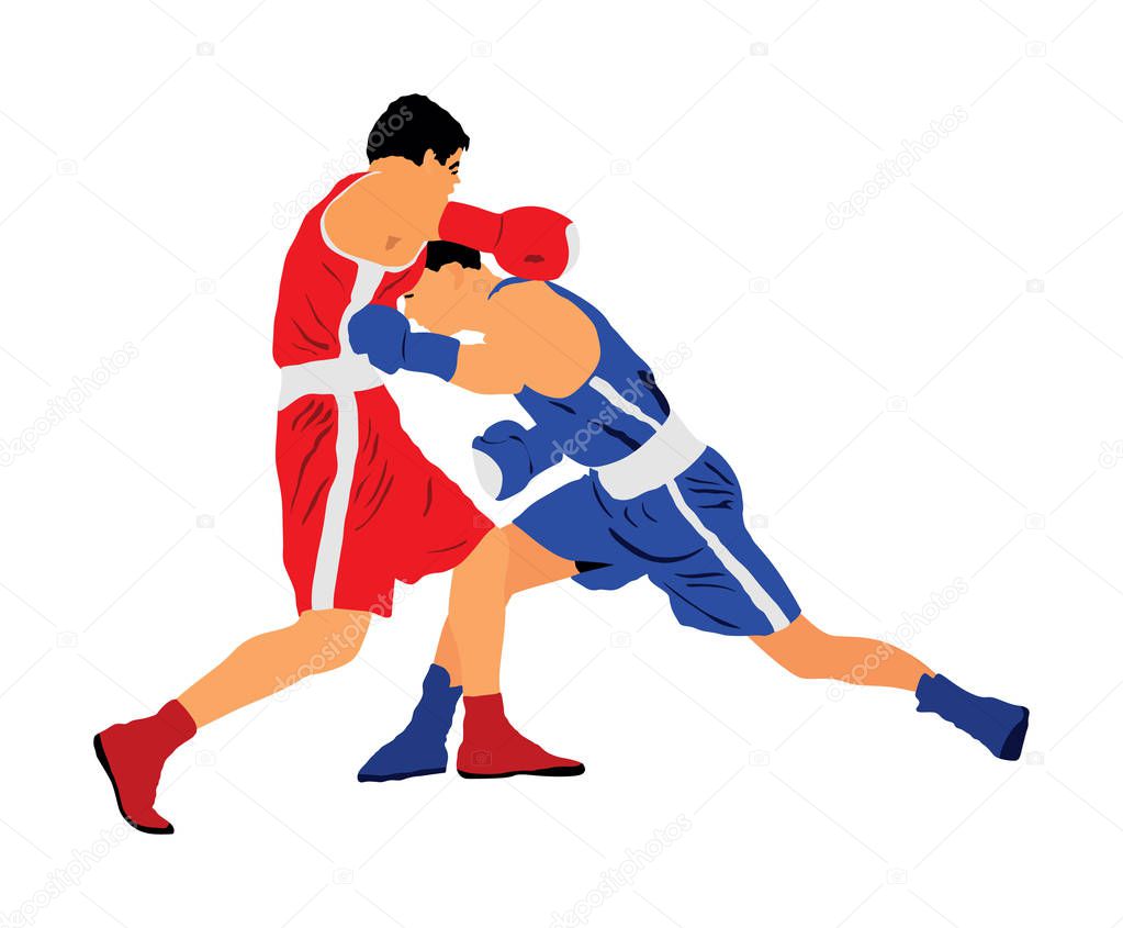 Two boxers in ring vector silhouette illustration isolated on white background. Strong fighters battle spectacle event. Martial arts sport. Courage of pride and skill. Old fight Olympic discipline.