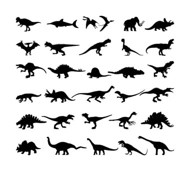 Dinozorlar büyük koleksiyonu. Beyaz arka planda izole edilmiş T Rex vektör silueti. Tyrannosaurus gölge sembolü. Jura dönemi. Dino işareti. Triceratops, Stegosaurus, Brachiosaurus, Pteranodon, Spinosaurus