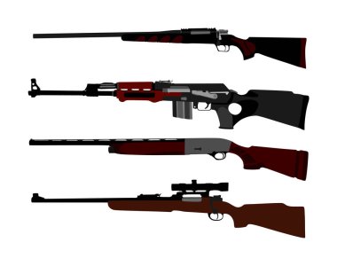 Beyaz arka plan üzerinde izole tüfek vektör illüstrasyon koleksiyonu. Keskin nişancı tüfeği sembolü siluet, yarı otomatik, karabina. Ordu ve polis silahları. Av tüfeği ve silah seti. Güçlü ölümcül silah.