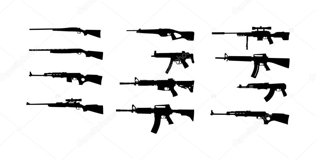 Collection of rifle vector silhouette illustration isolated on white background. Sniper rifle symbol silhouette, semi automatic, carbine. Army and police weapons. Shotgun and guns set. Powerful deadly