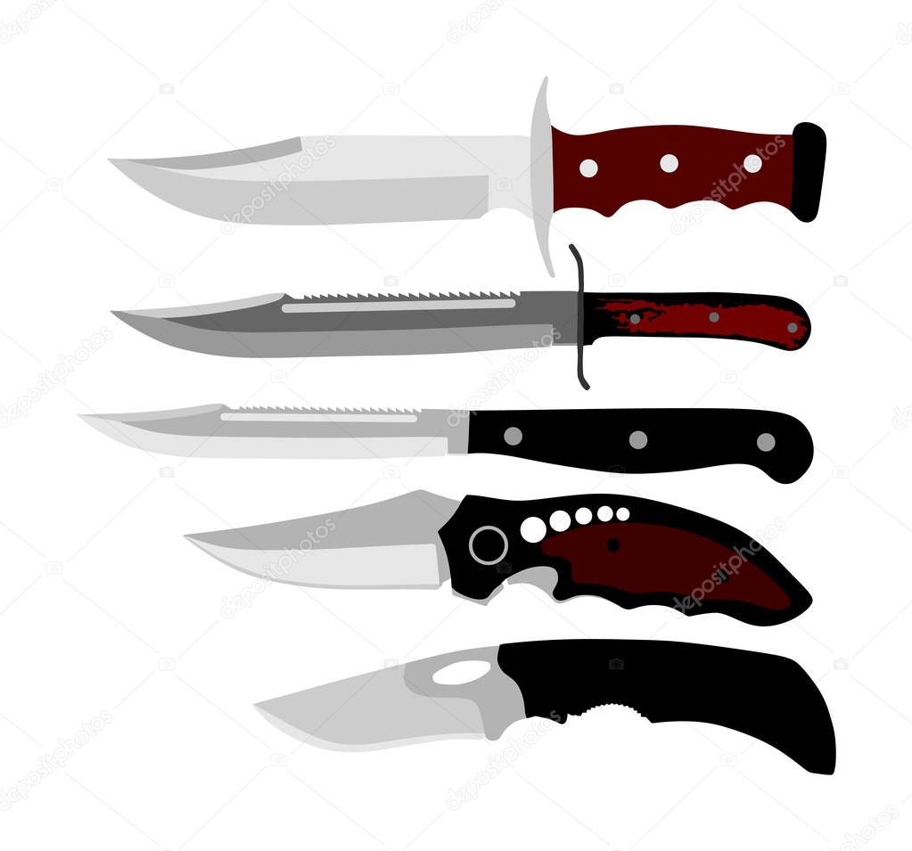 Hunting knives vector collection. Military knife vector illustration isolated on white background. Slice symbol. Aggressive survivor tool. Dirk sign. Bayonet vector. Kitchen tool. Cooking equipment.