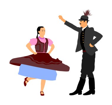 Macar halk dansçıları çift vektör illüstrasyon. Aşık Almanya halk dansçısı çift. Avusturyahalk dansçıları çift. Doğu Avrupa folkloru. Balkan halk dansları. Geleneksel düğün folklor olayı.