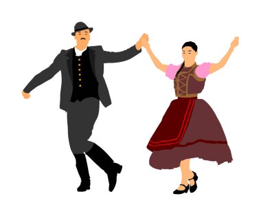 Macar halk dansçıları çift vektör illüstrasyon. Aşık Almanya halk dansçısı çift. Avusturyahalk dansçıları çift. Doğu Avrupa folkloru. Balkan halk dansları. Geleneksel düğün folklor olayı.