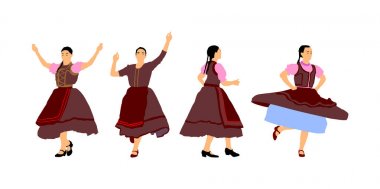 Csardas dansçı vektör illüstrasyon. Folklor Macaristan. Ekim festivalinde Bavyeralı kadın. Balkan geleneksel düğün dansı. Doğu Avrupa kültürü. Mutlu genç kadın müzik zevk.