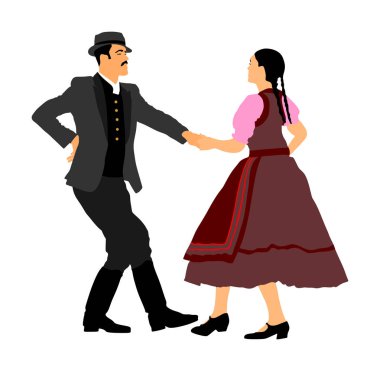 Macar halk dansçıları çift vektör illüstrasyon. Aşık Almanya halk dansçısı çift. Avusturyahalk dansçıları çift. Doğu Avrupa folkloru. Balkan halk dansları. Geleneksel düğün folklor olayı.