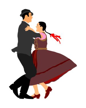 Macar halk dansçıları çift vektör illüstrasyon. Aşık Almanya halk dansçısı çift. Avusturyahalk dansçıları çift. Doğu Avrupa folkloru. Balkan halk dansları. Geleneksel düğün folklor olayı.
