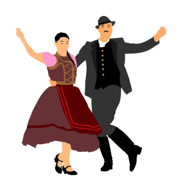 Macar halk dansçıları çift vektör illüstrasyon. Aşık Almanya halk dansçısı çift. Avusturyahalk dansçıları çift. Doğu Avrupa folkloru. Balkan halk dansları. Geleneksel düğün folklor olayı.