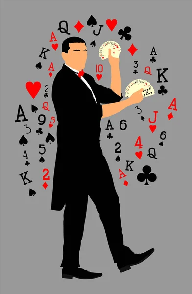 Magician Care Efectuează Truc Cărți Ilustrație Vectorială Izolată Fundal Alb — Vector de stoc