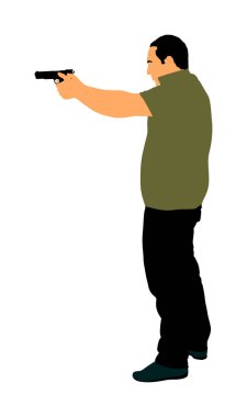 Silah atışı vektör illüstrasyonlu adam. Avcı tabancayla vurulmuş. Halka açık suç mahalli, silahlı çatışma. Silahlı bir polis görev başında. Teröriste karşı gizli ajan.