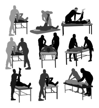 Fizyoterapist ve rehabilitasyon merkezinde egzersiz hasta, vektör siluet illüstrasyon. Doktor fizyoterapi tedavisi sırasında sporcu destekler. Fiziksel egzersizler masaj ve chiropractic