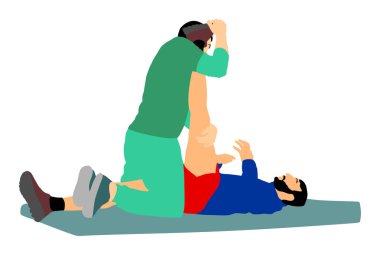 Fizyoterapist ve rehabilitasyon merkezinde egzersiz hasta, vektör illüstrasyon. Doktor fizyoterapi tedavisi sırasında sporcu destekler. Fiziksel egzersizler masaj ve chiropractic. Sağlık.