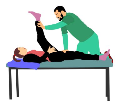 Fizyoterapist ve rehabilitasyon merkezinde egzersiz hasta, vektör illüstrasyon. Doktor fizyoterapi tedavisi sırasında spor kadın destekler. Fiziksel egzersizler masaj chiropractic. Sağlık.