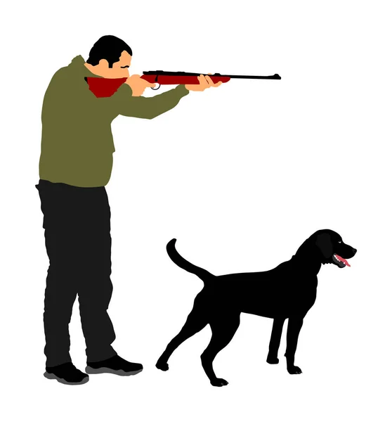 Cazador Con Perro Apuntando Con Rifle Vector Caza Aire Libre — Archivo Imágenes Vectoriales