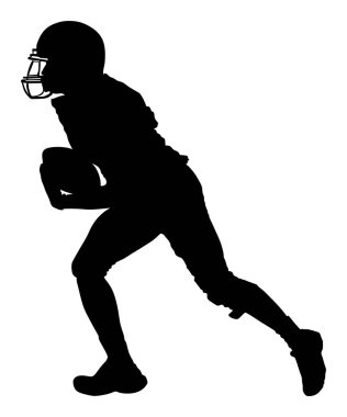Amerikalı futbolcu iş başında, vektör silueti beyaz arka plan üzerinde izole. Sahada tam teçhizatlı sporcu. Rugby sporcusu topa sahip. Süper top. popüler spor süper yıldız. Kolaj sporu