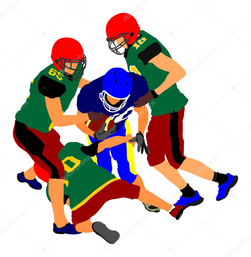 American football players in action, vector isolated. Sportsman in full equipment on court. Rugby sportsman, battle for ball. Super ball. popular sport super star. Collage sport athlete on training.