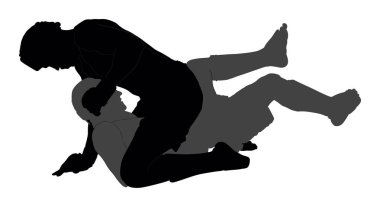 Beyaz arka planda izole edilmiş iki mma savaşçı vektör siluet illüstrasyonu. Çok dövüş sanatları yarışması. güreş, eski beceri. Ringdeki kahramanlar, sekizgen, savaş savaşı. Ringde dövüşmek.