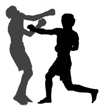 Beyaz arka planda izole edilmiş iki mma savaşçı vektör siluet illüstrasyonu. Çok dövüş sanatları yarışması. güreş, eski beceri. Ringdeki kahramanlar, sekizgen, savaş savaşı. Ringde dövüşmek.