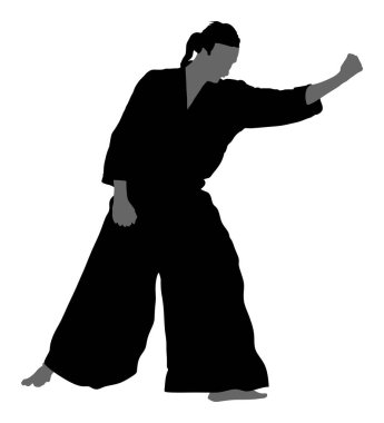 Mücadele aikido savaşçıları vektör siluet sembolü illüstrasyon. Eğitim eylem üzerinde antreman. Nefsi müdafaa, savunma sanatı egzersiz konsepti.