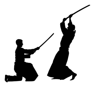 İki aikido savaşçıları vektör siluet sembolü illüstrasyon arasında mücadele. Eğitim eylem üzerinde antreman. Nefsi müdafaa, savunma sanatı egzersiz konsepti.