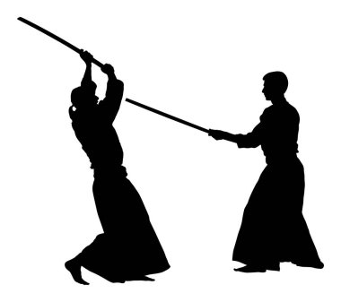 İki aikido savaşçıları vektör siluet sembolü illüstrasyon arasında mücadele. Eğitim eylem üzerinde antreman. Nefsi müdafaa, savunma sanatı egzersiz konsepti.