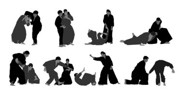 İki aikido savaşçıları vektör sembolü illüstrasyon arasında mücadele. Eğitim eylem üzerinde antreman. Nefsi müdafaa, savunma sanatı excercising kavramı. Karate ve aikido savaşçıları. Geleneksel savaşçı becerileri.