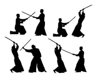 İki aikido savaşçıları vektör siluet sembolü illüstrasyon arasında mücadele. Eğitim eylem üzerinde antreman. Nefsi müdafaa, savunma sanatı egzersiz konsepti. Rakipler arasında zorlu düello.