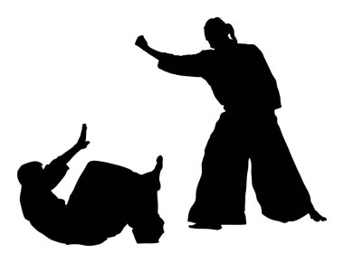 İki aikido savaşçıları vektör siluet sembolü illüstrasyon arasında mücadele. Eğitim eylem üzerinde antreman. Nefsi müdafaa, savunma sanatı excercising kavramı.