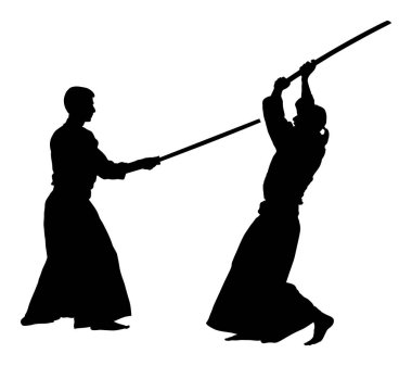 İki aikido savaşçıları vektör siluet sembolü illüstrasyon arasında mücadele. Eğitim eylem üzerinde antreman. Nefsi müdafaa, savunma sanatı egzersiz konsepti.