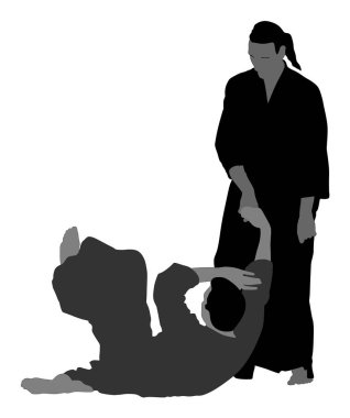 İki aikido savaşçıları vektör sembolü illüstrasyon arasında mücadele. Eğitim eylem üzerinde antreman. Nefsi müdafaa, savunma sanatı excercising kavramı. Karate ve aikido savaşçıları. Geleneksel savaşçı becerileri.