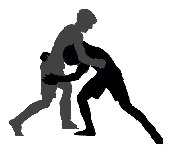 Beyaz arka planda izole edilmiş iki mma savaşçı vektör siluet illüstrasyonu. Çok dövüş sanatları yarışması. güreş, eski beceri. Ringdeki kahramanlar, sekizgen, savaş savaşı. Ringde dövüşmek.