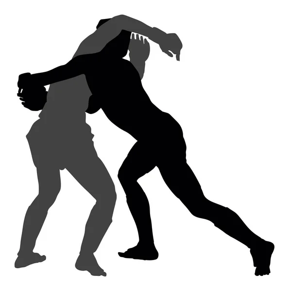 Two mma fighters vector silhouette illustration isolated on white background. Multi martial arts competition. wrestling, ancient skill. Heroes in ring, octagon, battle fight. Fighting in ring.