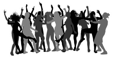 Bachelorette parti dansçı insanlar vektör siluet. Mürettebat dansı ile gece hayatı kavramı. Disko kulübü lezbiyen olayı. Kız gecesi. Doğum günü kutlaması. Gençler in anlarda iyi. Eğlence ve eğlence.