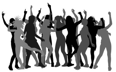 Bachelorette parti dansçı insanlar vektör siluet. Mürettebat dansı ile gece hayatı kavramı. Disko kulübü lezbiyen olayı. Kız gecesi. Doğum günü kutlaması. Gençler in anlarda iyi. Eğlence ve eğlence.