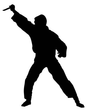 Beyaz arka plan üzerinde izole bıçak vektör siluet illüstrasyon ile saldırgan. Teröriste karşı ömür boyu mücadele edin. Ordunun iş başında ki becerisi. Elinde gölge sembolü bıçak ile adam saldırı.