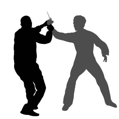 Nefsi müdafaa savaş vektör silueti. Saldırgana bıçakla karşı savaşan adam. Gerçek durumda Krav maga gösteri. Teröriste karşı ömür boyu mücadele edin. Ordunun iş başında ki becerisi. Polis tutuklandı.