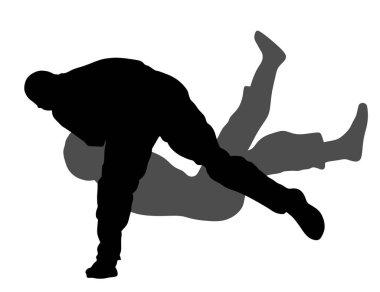 Nefsi müdafaa savaş vektör silueti. Silahlı silahla saldırgana karşı savaşan adam. Gerçek durumda Krav maga gösteri. Teröriste karşı ömür boyu mücadele edin. Ordu beceri eylem. polis tutuklama