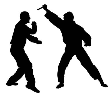 Nefsi müdafaa savaş vektör silueti. Saldırgana bıçakla karşı savaşan adam. Gerçek durumda Krav maga gösteri. Teröriste karşı ömür boyu mücadele edin. Ordunun iş başında ki becerisi. Polis tutuklandı.