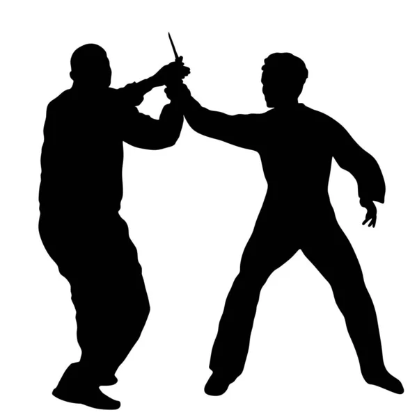Nefsi müdafaa savaş vektör silueti. Saldırgana bıçakla karşı savaşan adam. Gerçek durumda Krav maga gösteri. Teröriste karşı ömür boyu mücadele edin. Ordunun iş başında ki becerisi. Polis tutuklandı.