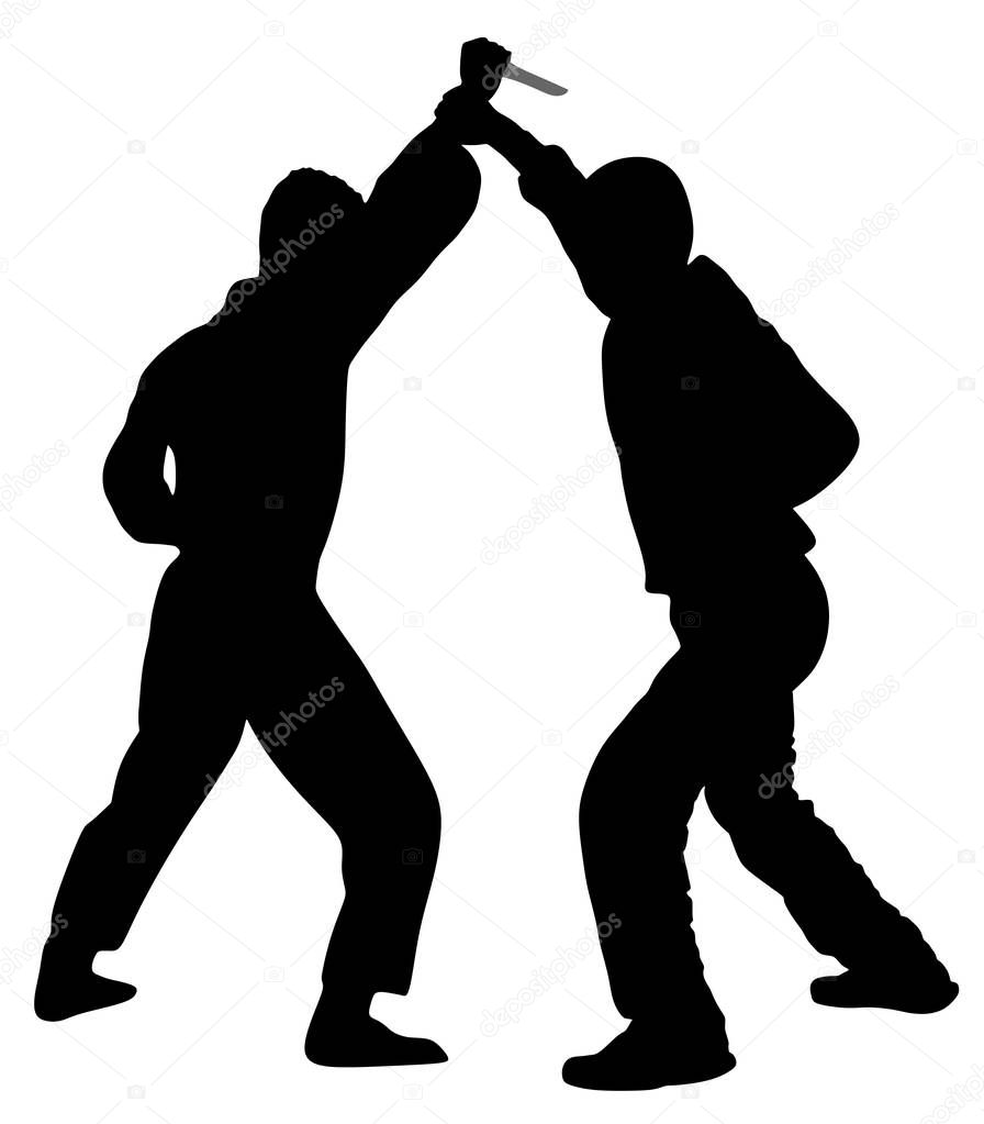 Self defense battle vector silhouette. Man fighting against aggressor with knife. Krav maga demonstration in real situation. Combat for life against terrorist. Army skill in action. Policeman arrest.